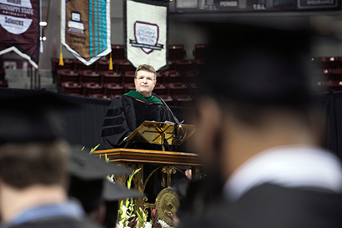 Dr. John D. Davis IV speaks to MSU fall graduates during commencement ceremonies Friday [Dec. 8] afternoon at Humphrey Coliseum. (Photo by Beth Wynn) 