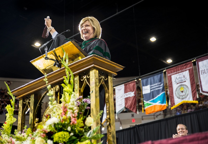 Dr. LouAnn Woodward, University of Mississippi Medical Center vice chancellor for health affairs and UM School of Medicine dean, was the featured speaker for Mississippi State University’s Friday and Saturday [May 5 and 6] spring commencement ceremonies. A Carroll County native and MSU microbiology alumna, Woodward encouraged the newest members of the Bulldog alumni family to proceed with courage and persistence, or “Bulldog determination,” as they take the next steps in their careers and lives. (Photo by Sarah Dutton)