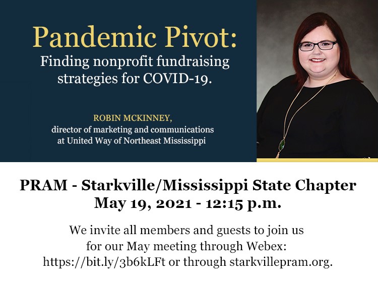 Graphic promoting the Starkville-MSU PRAM Chapter's May meeting featuring guest speaker Robin McKinney from the United Way of Northeast Mississippi
