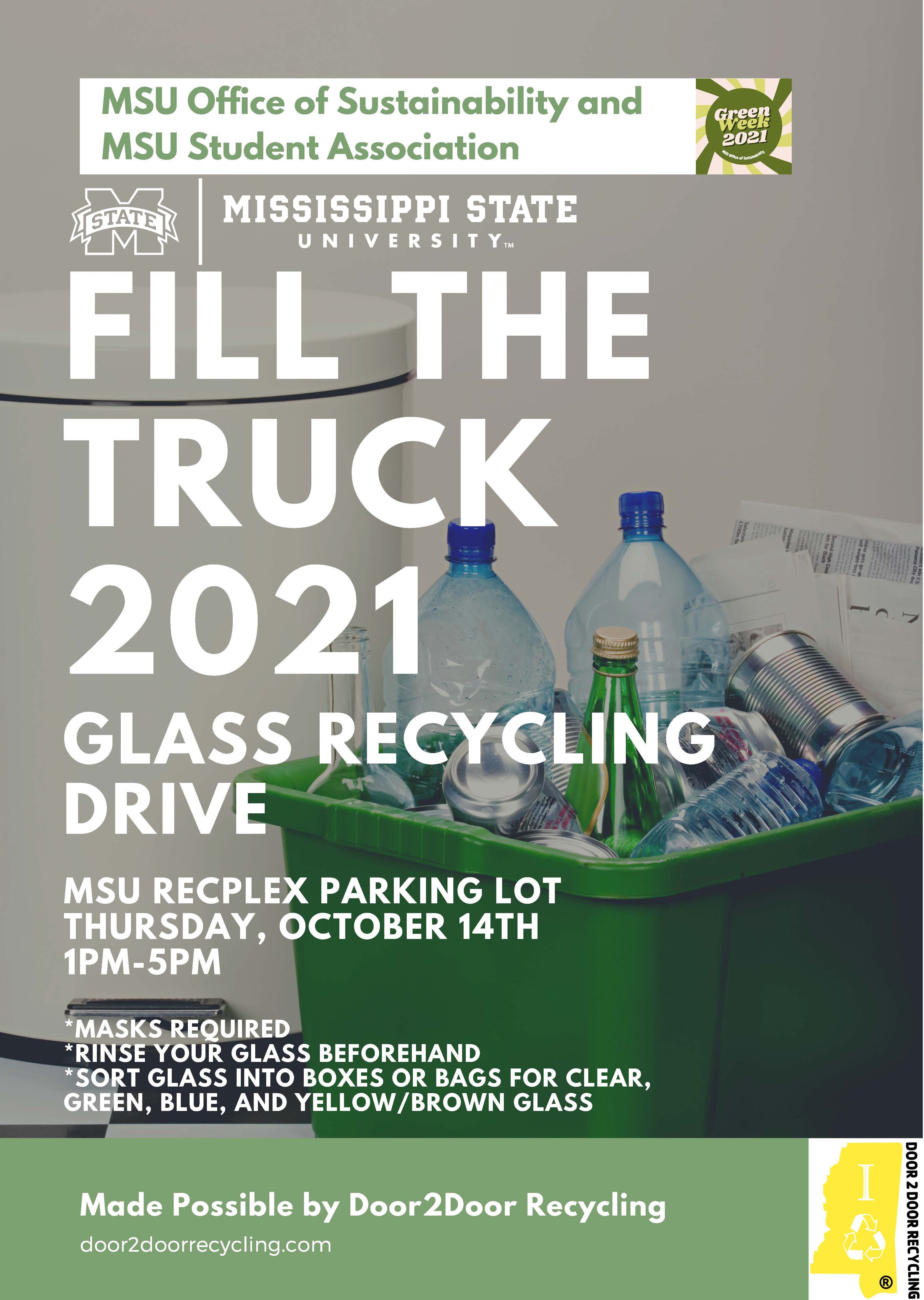 Fill the Truck Glass Recycling Drive graphic with images of bottles and cans next to a white garbage can