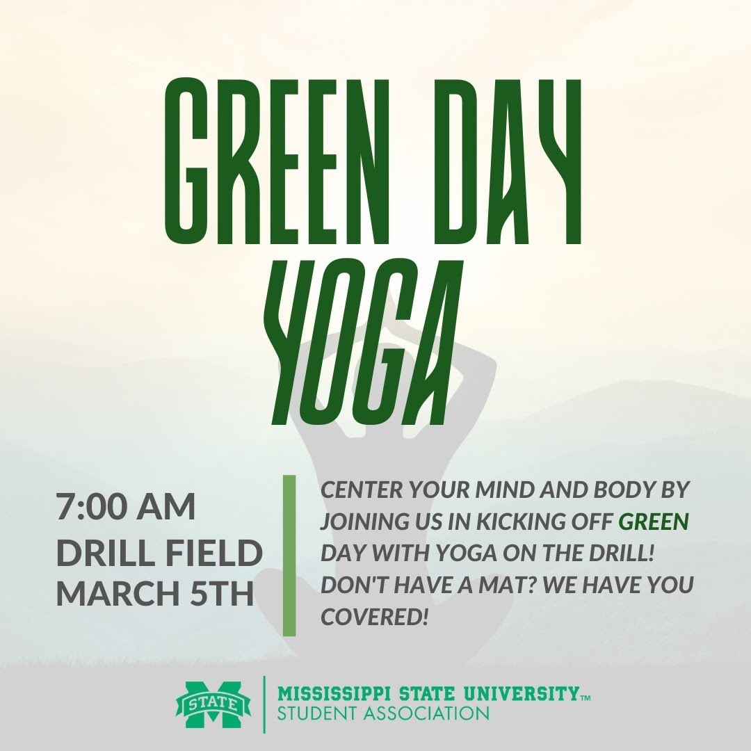 Promotional graphic for MSU Student Association's Green Day Yoga event