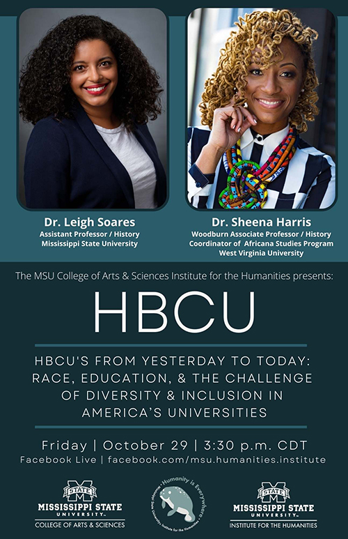 Institute for the Humanities presentation graphic with images of MSU Assistant Professor Leigh Soares and West Virginia University Associate Professor Sheena Harris