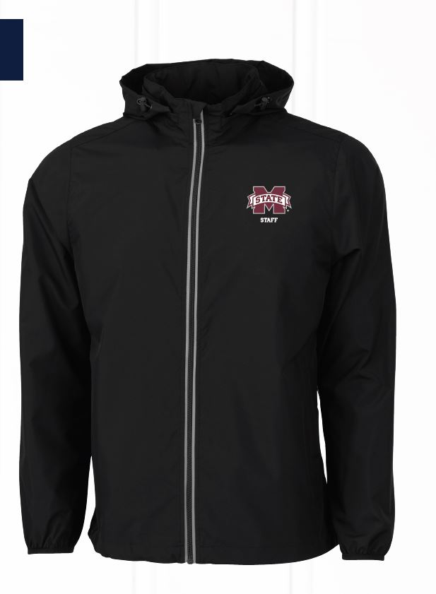 Black rain jacket with the M-State logo and "STAFF" on the front-left chest