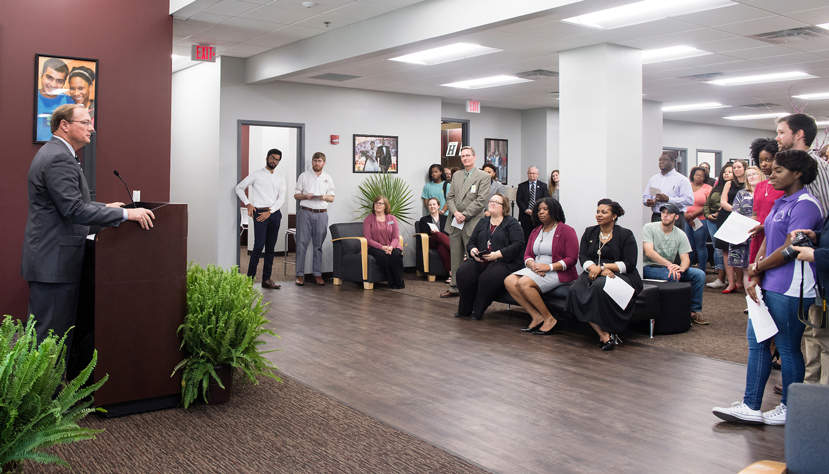 MSU President Mark E. Keenum speaks during Monday’s [March 20] open house for the expanded Holmes Cultural Diversity Center. (Photo by Beth Wynn)