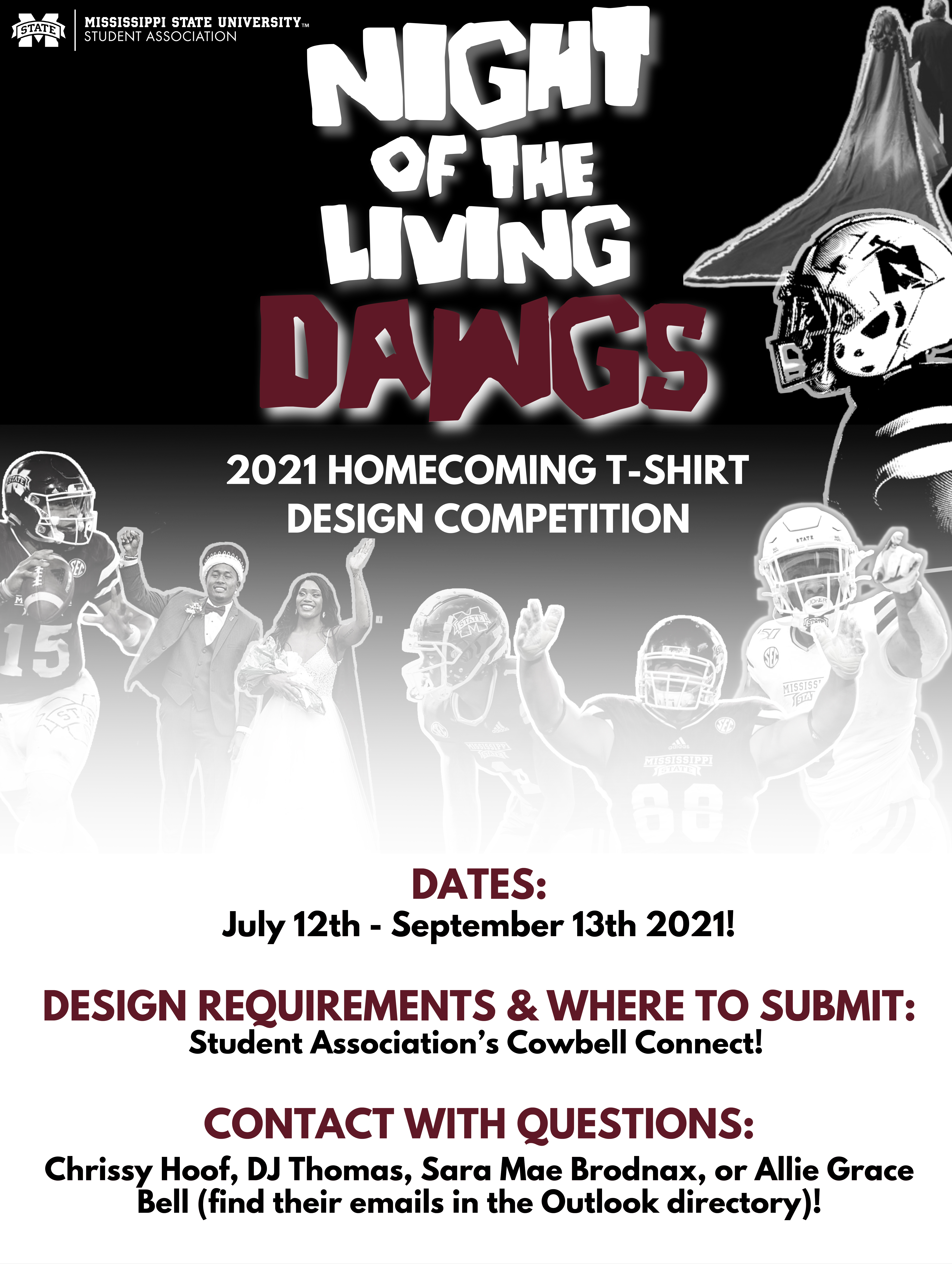 Maroon, black and white "Night of the Living Dawgs" Homecoming T-shirt Design Competition graphic with images of former MSU student-athletes