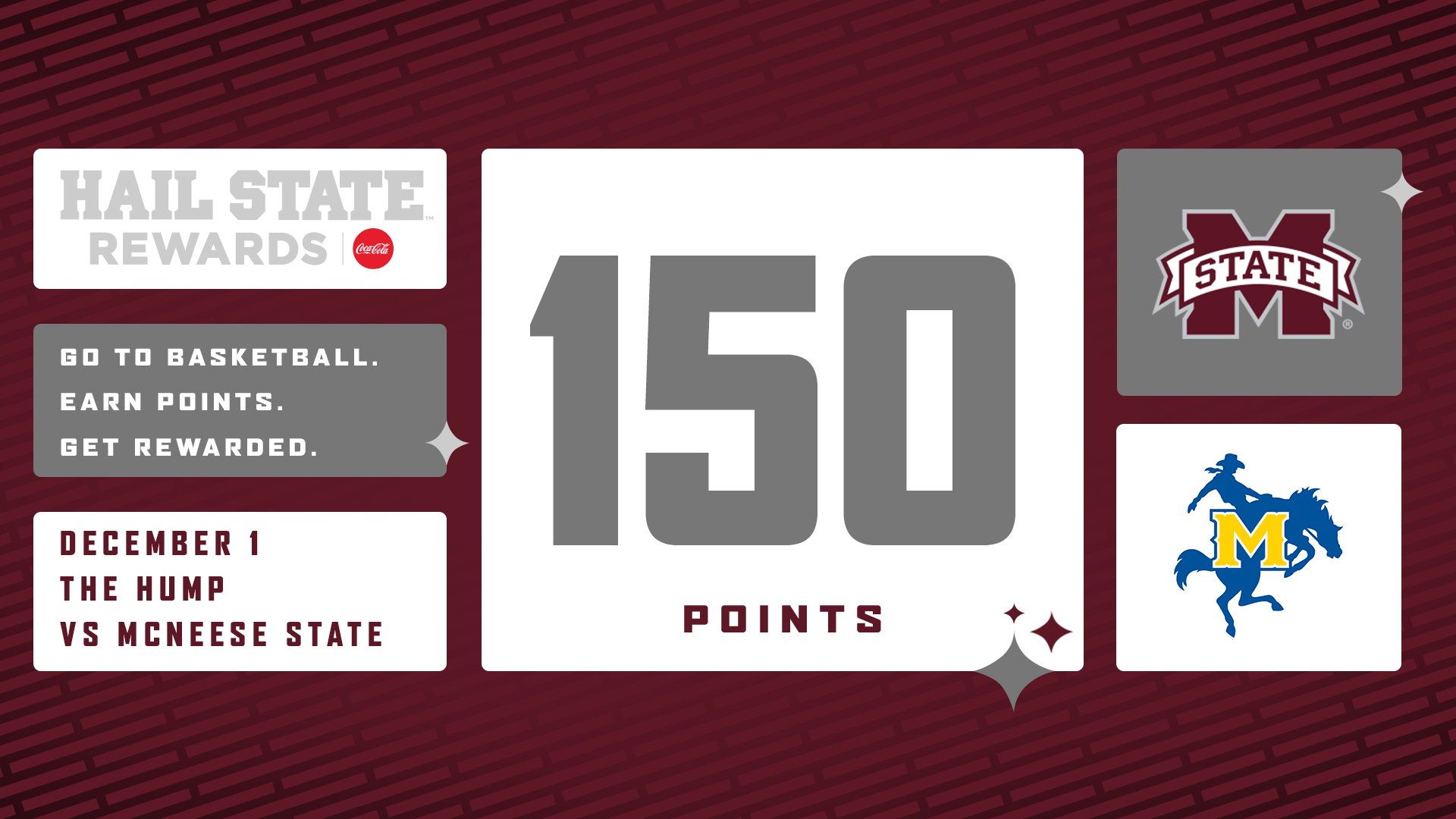 Maroon and white graphic announcing that Hail State Rewards members will receive 150 points for attendance at MSU's women's basketball game on Dec. 1