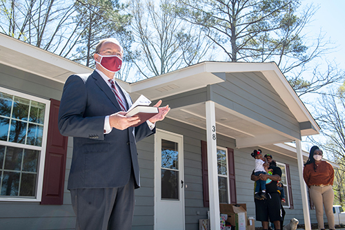 MSU President Mark E. Keenum speaks during the dedication ceremony at MSU and Habitat for Humanity's 12th Maroon Edition home.