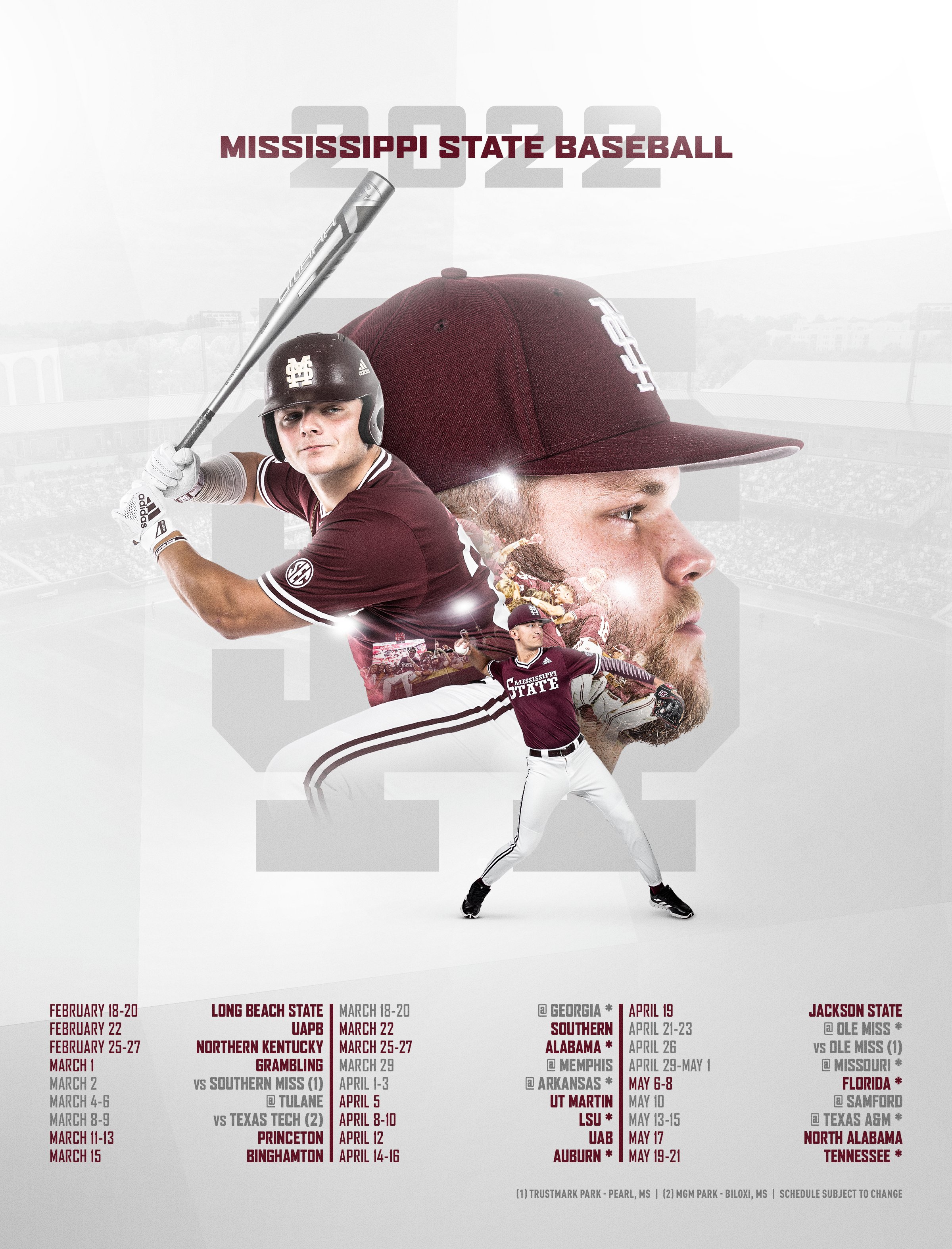 2022 MSU Baseball season schedule with images of MSU baseball players Logan Tanner, Landon Sims and Kamren James