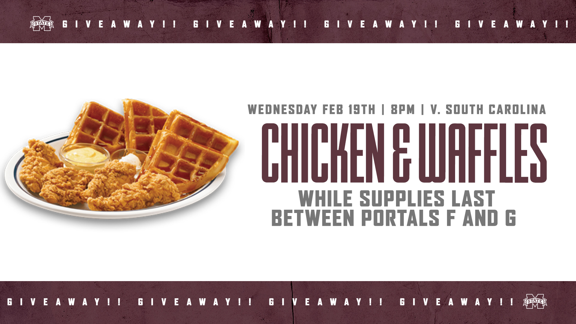 Promotional graphic for MSU men's basketball's chicken and waffles giveaway