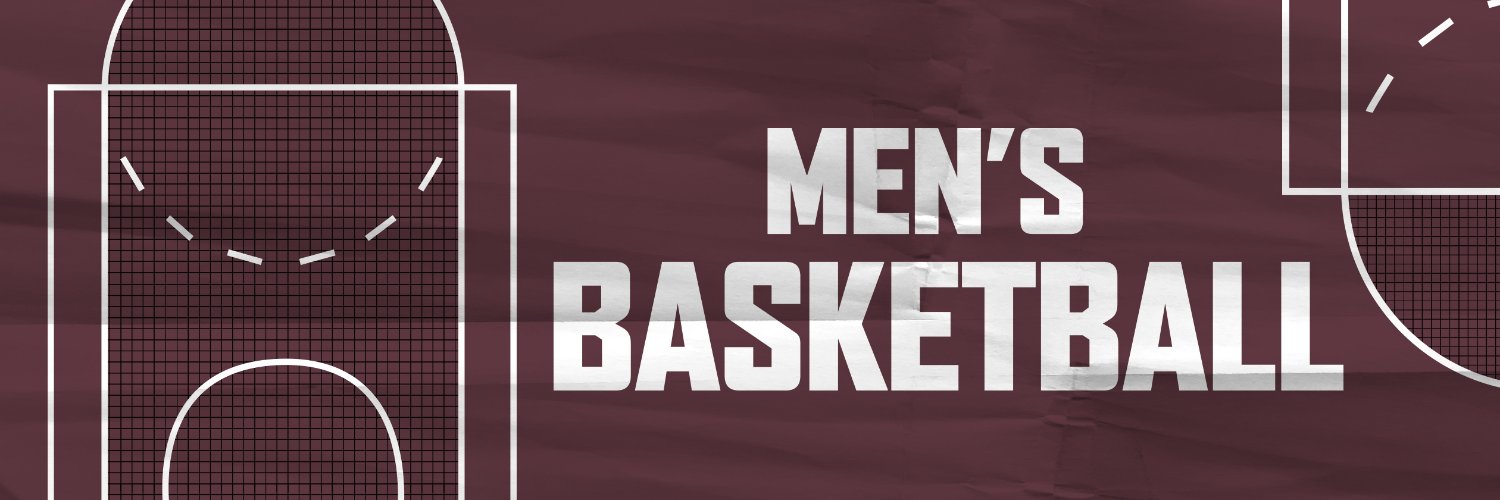 Maroon background, white and black images of basketball courts, and the words "Men's Basketball" in large, white capital letters