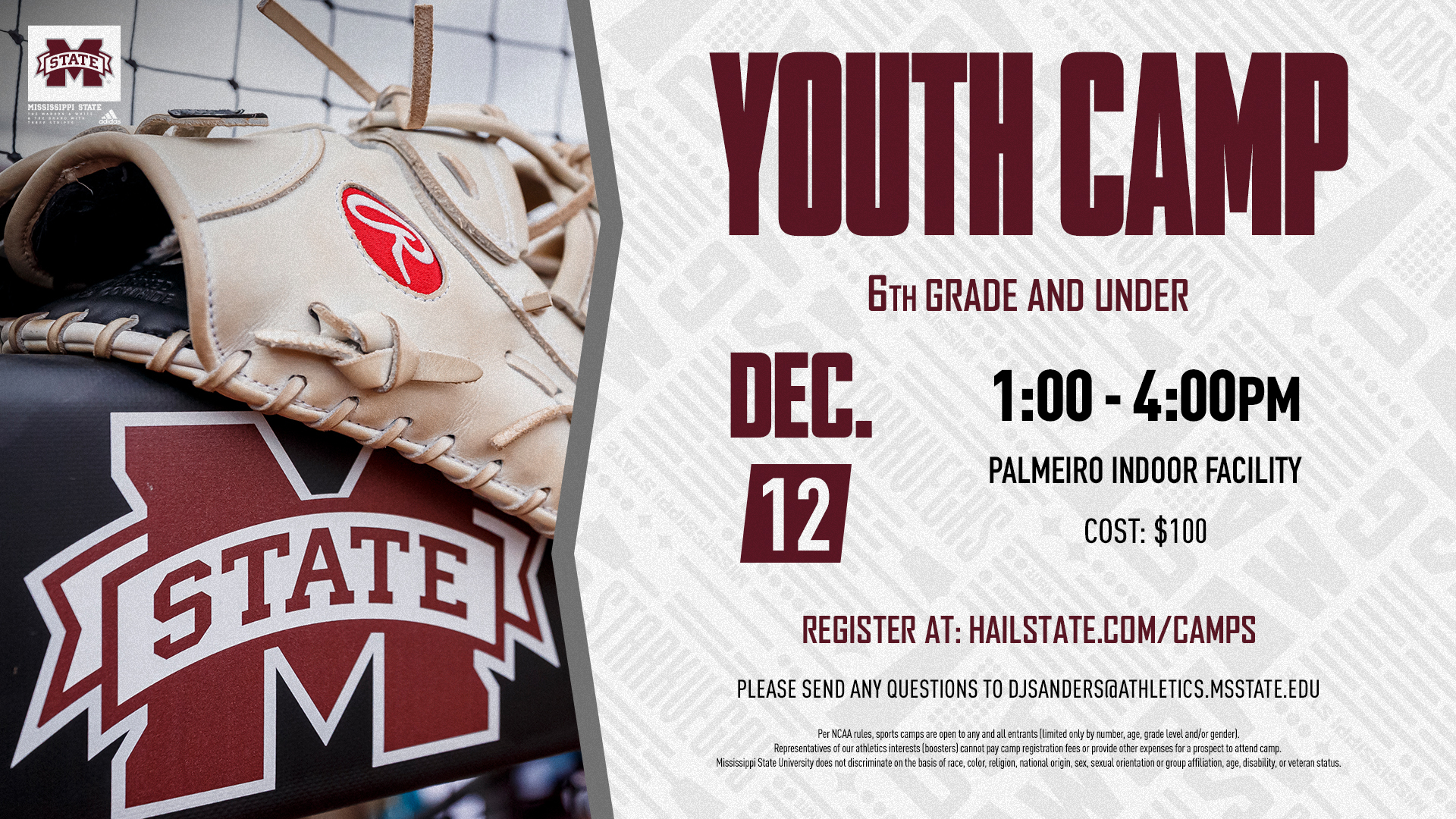 Maroon and white graphic with information about MSU Softball's Youth Camp