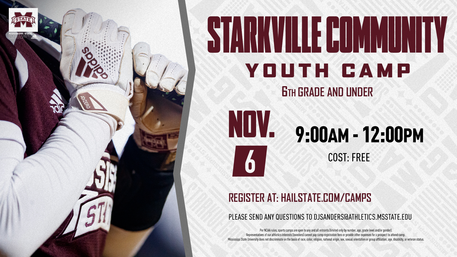 Maroon and white Starkville Community Youth Camp graphic with image of Mississippi State softball player's hands holding a bat