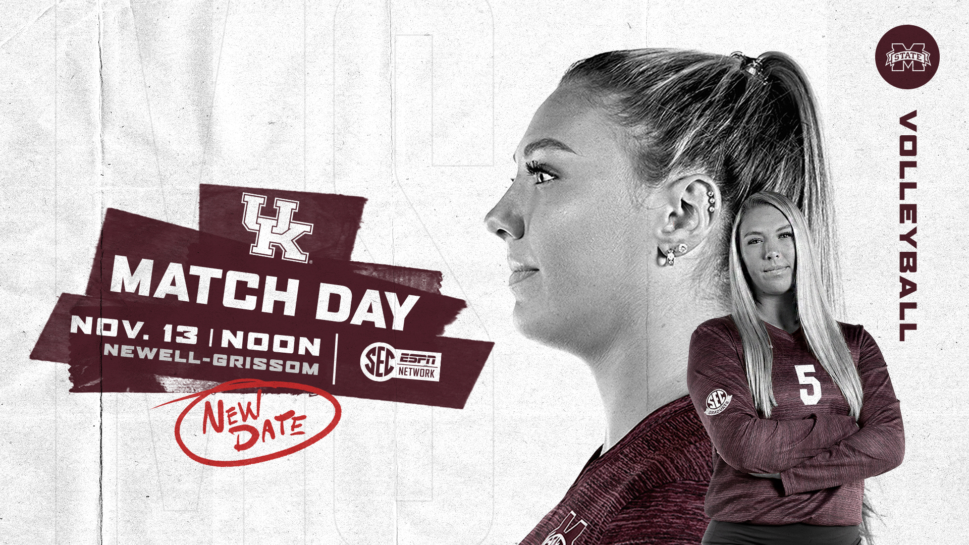 Maroon and white graphic with two images of an MSU volleyball player