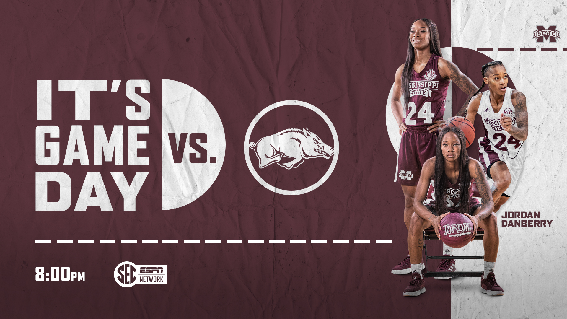 Promotional graphic for MSU Women's Basketball vs. Arkansas