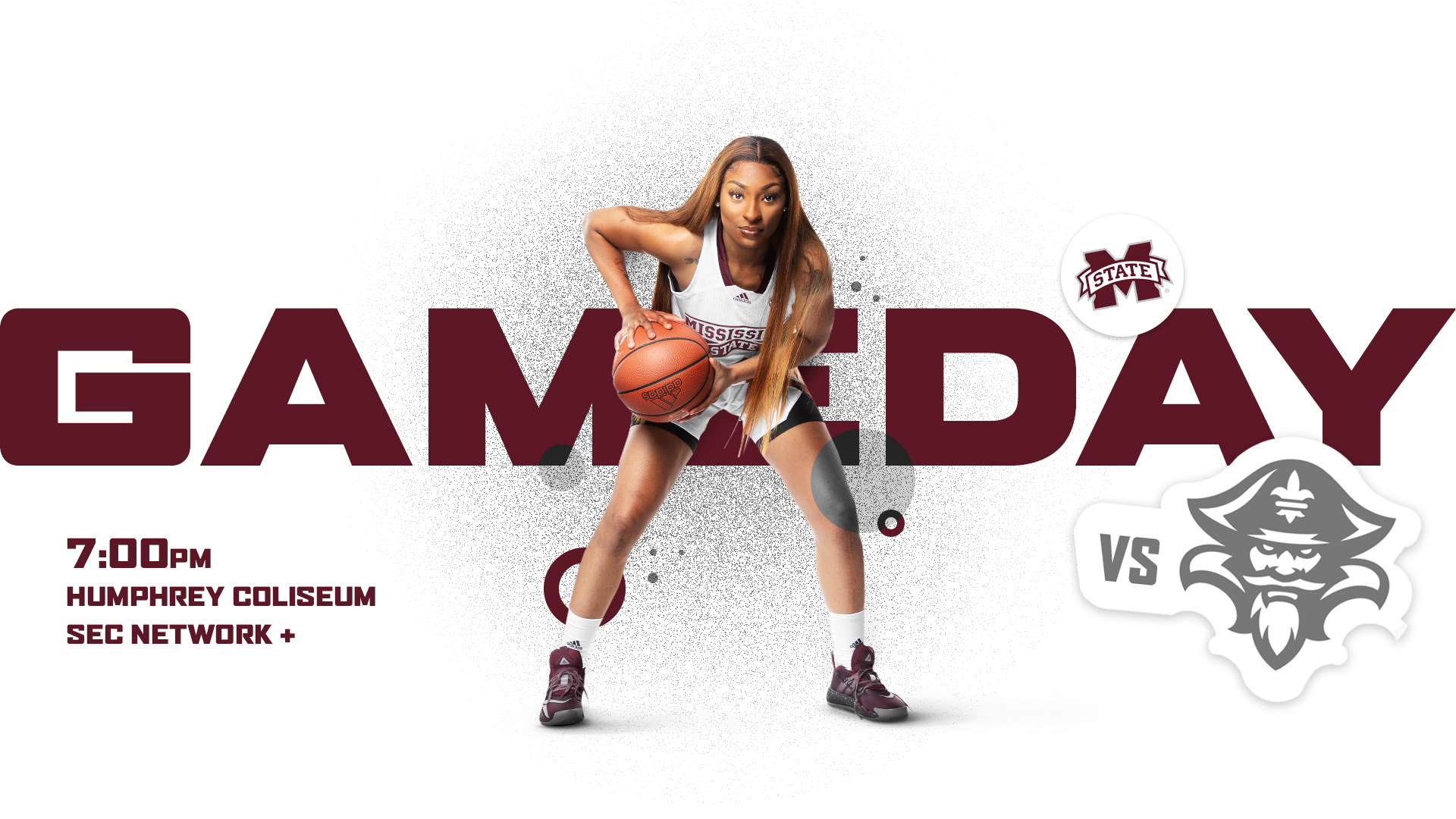 Maroon, white and gray graphic of JaMya Mingo-Young holding an orange Adidas basketball