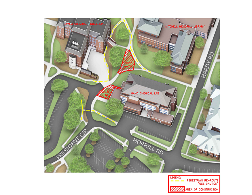 Map showing construction area on west side of Hand Chemical Lab