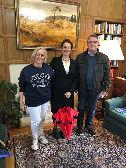 MSU William L. Giles Distinguished Professor Emerita of English Nancy D. Hargrove, far left, and MSU Judy and Bobby Shackouls Honors College Dean Chris Snyder, far right, enjoyed a recent visit with Elizabeth Kiss, center, the new Warden of Rhodes House in Oxford, England. (Submitted photo)