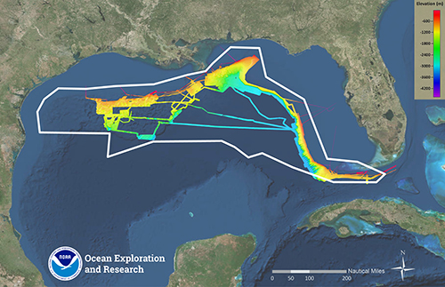 A map shows seafloor bathymetry and ROV dives completed during the recent Gulf of Mexico expedition.  (Image courtesy of NOAA/OER)