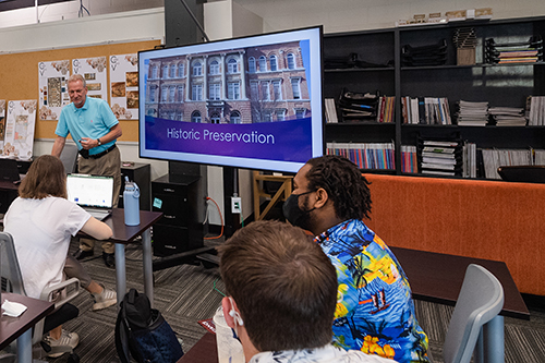 MSU Assistant Professor Glen Fulton speaking to class about MSU's new Master of Fine Arts in Historic Preservation