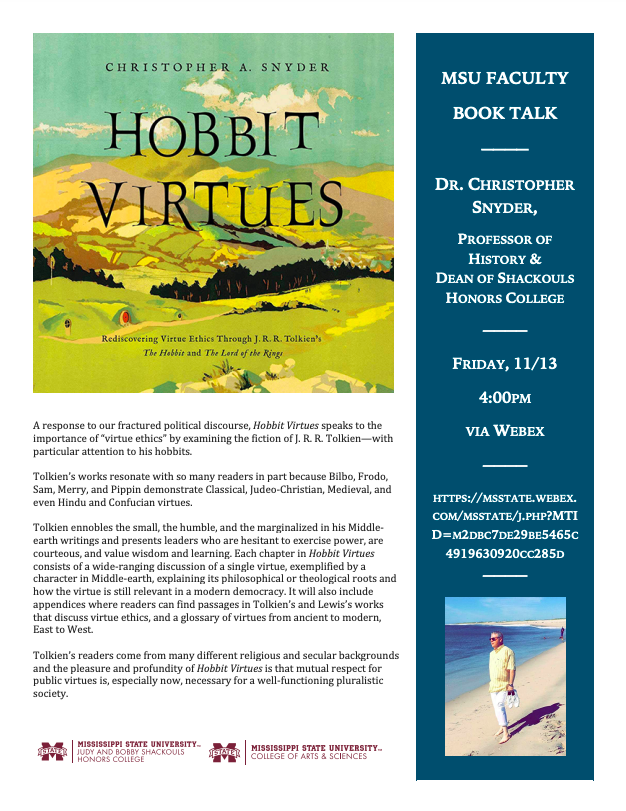 Flyer with the cover of Chris Snyder's new book "Hobbit Virtues"