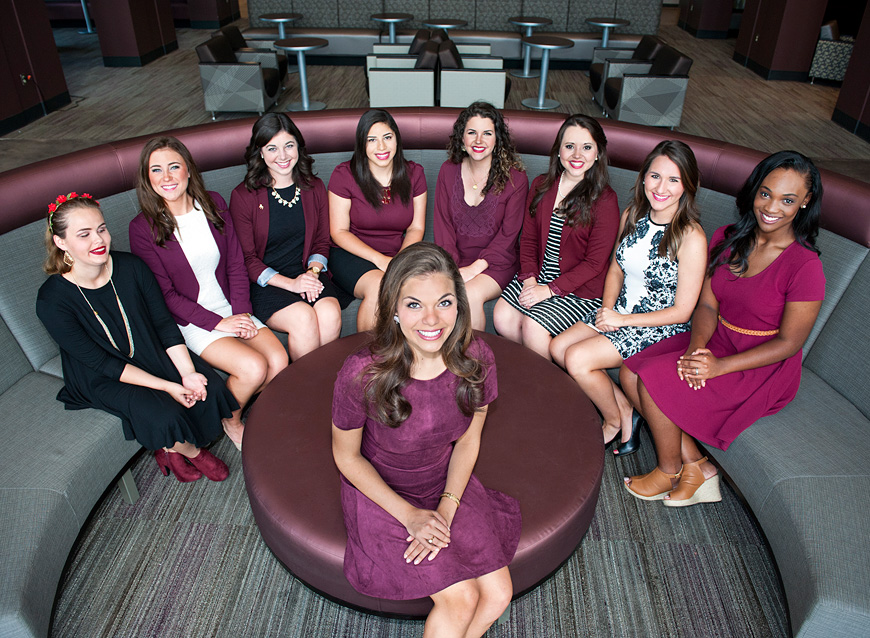 Mississippi State’s 2015 Homecoming Court includes (center) queen Christina Bostick of Hattiesburg, along with (l-r) freshman maid Stephanie “Stevie” Flynt of Brandon; sophomore maid Mackenzie Smith of Tupelo; junior maid Brooke Laizer of Metairie, Louisiana; senior maids Luz Martinez and Katherine “Kaylie” Mitchell, both of Pascagoula; junior maid Holly Travis of Starkville; sophomore maid Madison Rhodes of Petal; and freshman maid Mayah Emerson of Meridian. (Photo by Russ Houston)