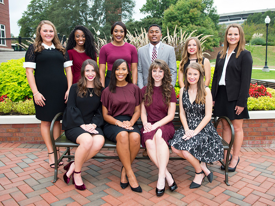 Mississippi State University’s 2017 Homecoming Court includes, left to right, (front row) Charley C. Rhea, junior maid; Briazja N. Wade, senior maid; Bridgetté J. Hudak, senior maid; Molly F. Wells, junior maid (back row) Erin F. Linley, freshman maid; Myah K. Watson, sophomore maid; Victoria V. Vivians, Homecoming Queen; Anthony C. Daniels, Homecoming King; Meredith A. Bradford, sophomore maid; and Malon V. Stratton, freshman maid. The court will be presented formally during halftime of the MSU vs. University of Kentucky football game on October 21. (Photo by Russ Houston / © Mississippi State University)