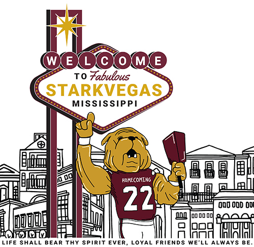 Homecoming graphic design with Bully in front of a Starkvegas sign