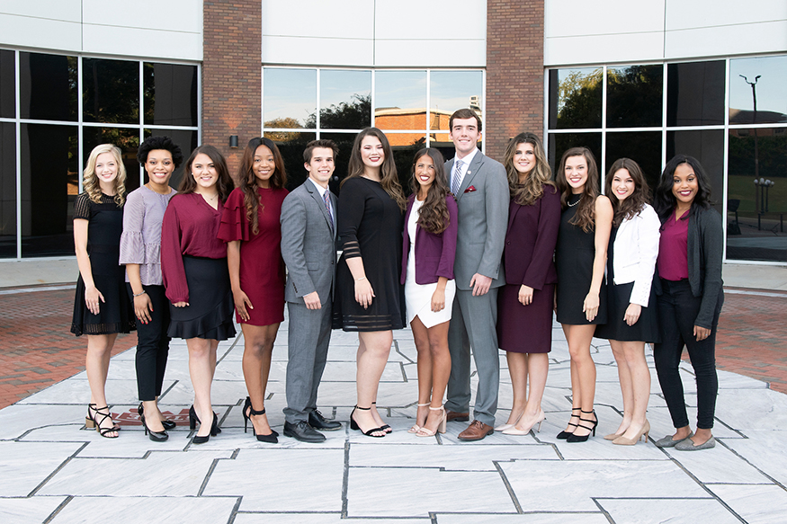 Mississippi State University’s 2018 Homecoming Court includes (left to right) Riley Byers, freshman maid; Ashley McLemore, sophomore maid; Riley Vergara-Cruz, junior maid; Meghin Smith, senior maid; Parker Taylor, Mr. MSU; Shelby Baldwin, Miss MSU; Emily Turner, Homecoming Queen; Barrett Schock, Homecoming King; Gentry Burkes, senior maid; Morgan Gay, junior maid; Hollis Hoggard, sophomore maid; and Kayla Powe, freshman maid. The court will be presented Nov. 3 during halftime of the MSU vs. Louisiana Tech football game at Davis Wade Stadium. (Photo by Beth Wynn)