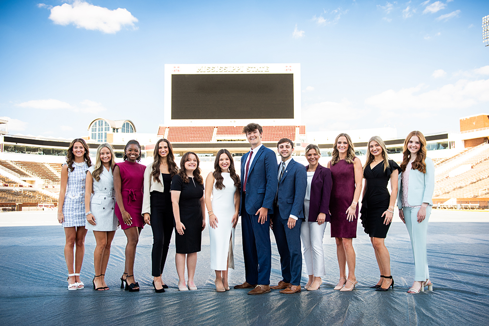 Mississippi State’s 2023 Homecoming Court includes, left to right, Freshman Maid Ryan McKern of Hoover, Alabama; Sophomore Maid Reagan Felder of Madison; Junior Maid Reagan Hendricks of Hoover, Alabama; Senior Maid BeBe Rayborn of Brandon; Miss MSU Ann Olivia Radicioni of Clinton; Homecoming Queen Carrington Davis of Columbus; Homecoming King Cole Ray of Indian Springs, Alabama; Mr. MSU Matteo Mauro of Gulf Breeze, Florida; Senior Maid Rachel Carpenter of Corinth; Junior Maid Kellen Fairburn of Madison; Sophomore Maid Sadie Morris of Greenwood, Indiana; and Freshman Maid Katie Randall of Starkville. 