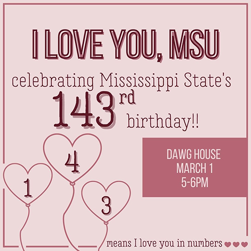 Pink and maroon balloons graphic for I Love You, MSU birthday celebration event