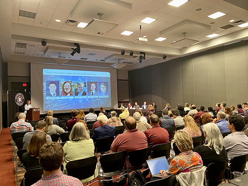 The audience listens to a panel presentation during an MSU data science symposium