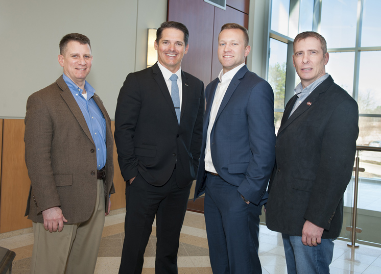 Insitu executives visit Mississippi State University to help staff and prepare plans for the company’s offices in the Thad Cochran Research, Technology and Economic Development Park. Pictured, from left to right, are Senior Manager Charlton Evans, Vice President and General Manager Jon Damush, Talent Acquisition Team Member Benjamin Tarkany and Chief Engineer Darcy Davidson. (Photo by Russ Houston) 