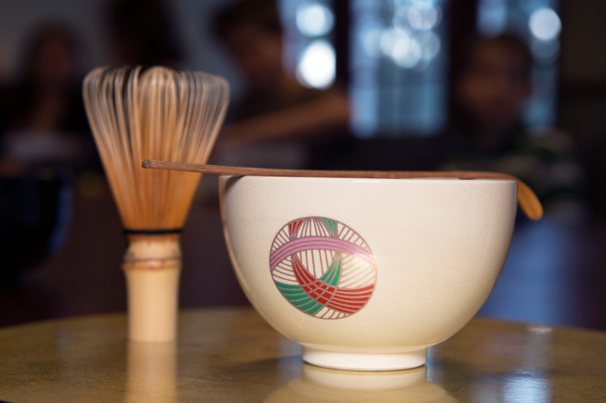 Proper applications of the tea bowl, bamboo whisk and spoon to prepare green tea will be explained over the next few months at the MSU Japan Outreach Program-sponsored Japanese tea ceremony workshops. (Photo by Beth Wynn)