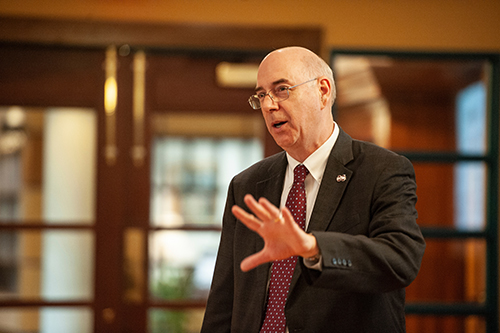 MSU Department of Communication Professor and Head John E. Forde delivers the Rabideau Lecture on Teaching Excellence, sharing insight on engaging students in the classroom from his more than three decades of teaching experience. (Photo by Logan Kirkland)