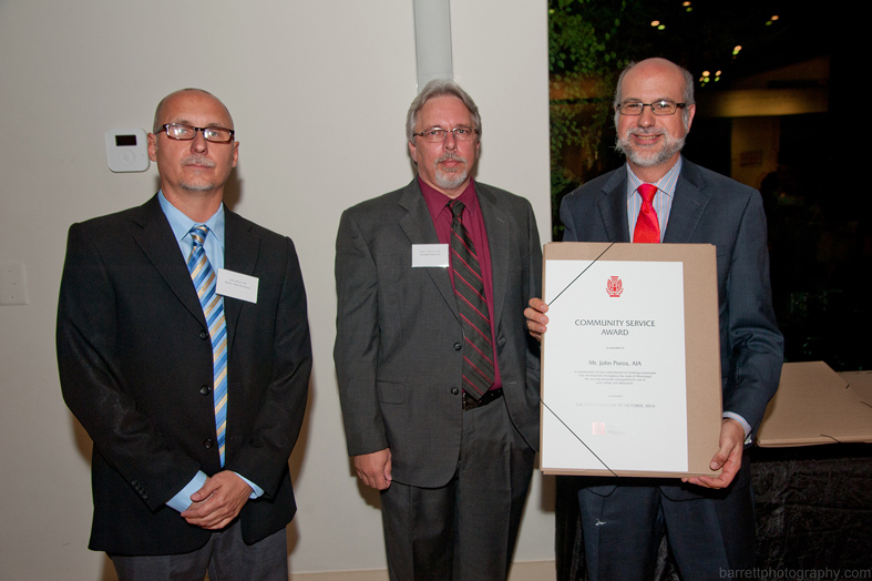 Mississippi State Associate Professor of Architecture John Poros, right, accepts a Community Service Membership Award from the American Institute of Architects’ Mississippi Chapter. Presenting the honor were, from left, AIA MS President John Beard and Secretary/Treasurer Brian Cabunac. (Photo courtesy of BarrettPhotography.com)