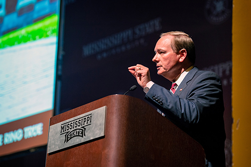 MSU President Mark E. Keenum speaking from a podium