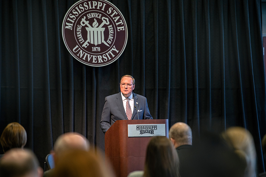 Mississippi State President Mark E. Keenum speaks at the university’s spring general faculty meeting. 