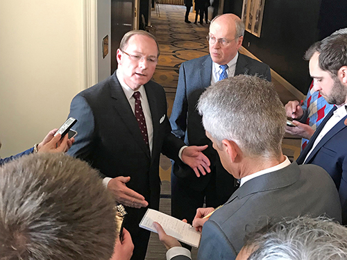 Mississippi State University President Mark E. Keenum, left, who also serves as chair of the College Football Playoff (CFP) Board of Managers, and CFP Executive Director Bill Hancock, right, today [Jan. 7] addressed the media following the annual meeting of the board. Speaking on behalf of the board, the MSU president addressed questions about the CFP format and other issues.