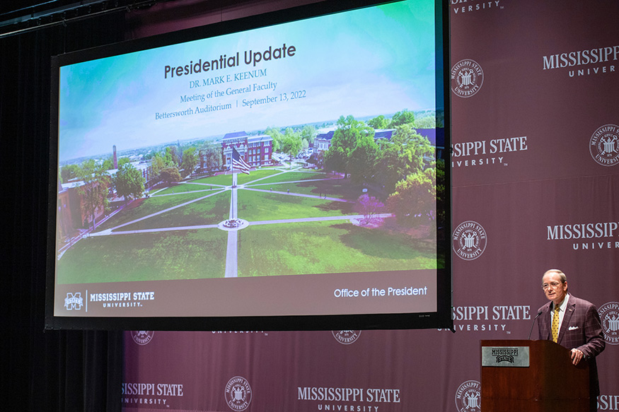 MSU President Mark E. Keenum speaks at a podium in Lee Hall's Bettersworth Auditorium
