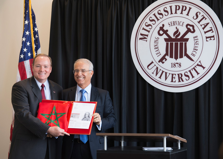 MSU President Mark E. Keenum, left, became Honorary Consul to the Kingdom of Morocco on Sept. 11 during a morning ceremony at The Mill at MSU. Moroccan Ambassador to the U.S. Rachad Bouhlal made the presentation to Keenum who said the honor will enable him to “work with our friends in Morocco and in Mississippi to expand economic and cultural opportunities.” (Photo by Megan Bean)