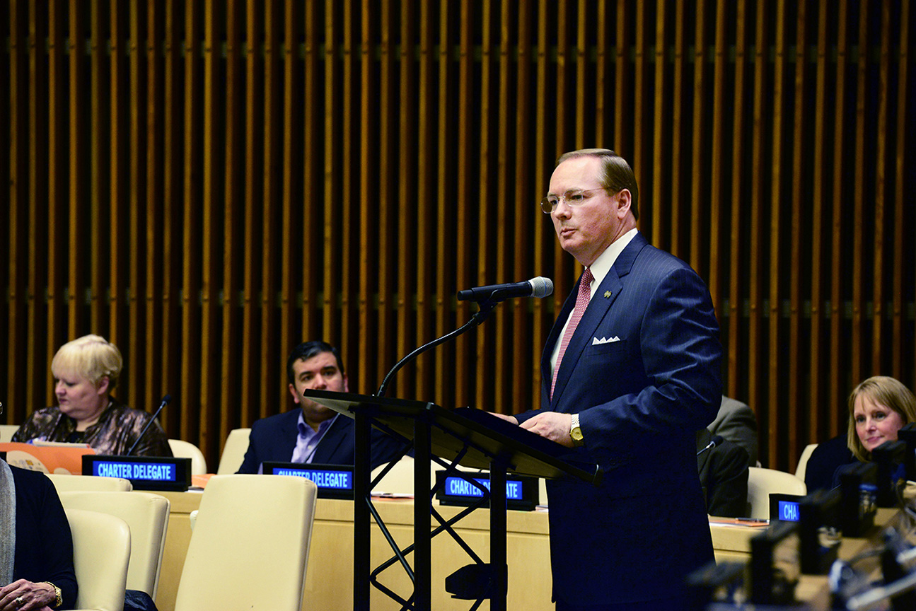 Mississippi State University President Mark E. Keenum speaks at the U.N. in New York in 2014.