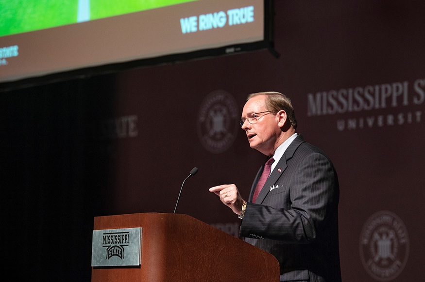 MSU President Mark E. Keenum shares a university update during the fall 2018 general faculty meeting on Thursday [Sept. 6]. (Photo by Megan Bean)