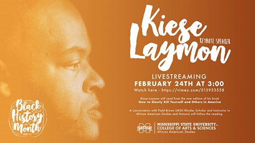 Side profile of author Kiese Laymon on an orange and yellow Black History Month graphic