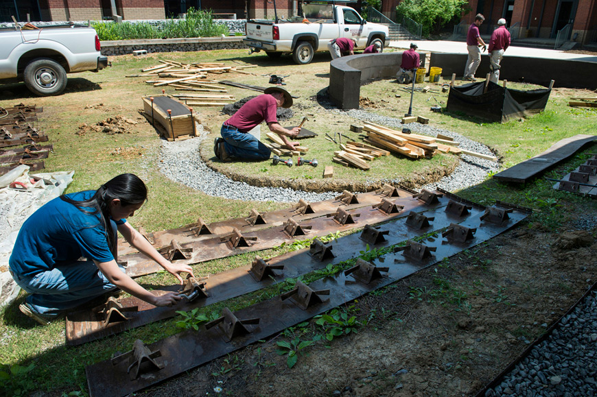 A $20,000 federal grant is enabling MSU to implement a green infrastructure demonstration project on campus. Construction already has begun on a 1,500 square-foot bioretention basin, or rain garden, in the landscape architecture department courtyard. (Photo by Megan Bean) 