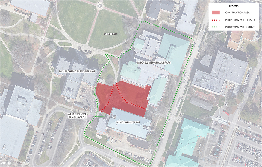 Map showing portions of sidewalks between the library and Hand Lab, as well as between Hand Lab and the Swalm Chemical Engineering Building, that will be closed Oct. 25 to Dec. 20