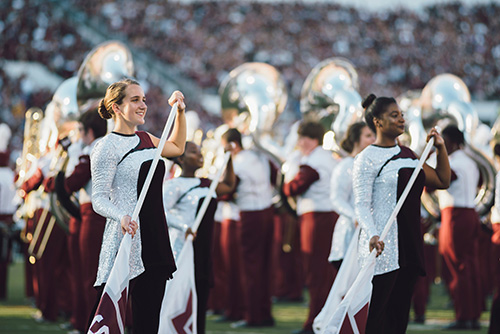 Comprised of nearly 400 members from 18 states, Mississippi State’s beloved Famous Maroon Band is seeking $600,000 in private gifts toward a new synthetic turf practice field. (Photo by Robert Lewis)