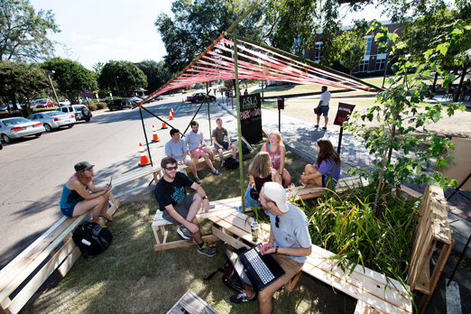 Mississippi State University’s student chapter of the American Society of Landscape Architects hosted PARK(ing) Day September 16 near Colvard Student Union. The annual event turns parking spaces into temporary parks. (Photo by Megan Bean)