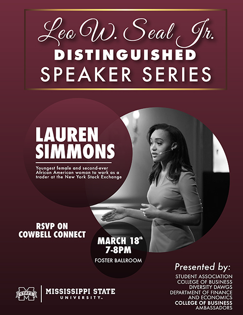 Promotion graphic for Lauren Simmons speech at MSU.