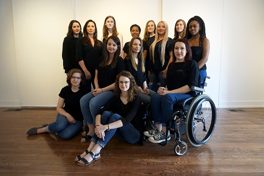 Graduating fine art seniors whose work is featured in Mississippi State University’s “Layered” exhibition include (standing, left to right) Alison Meeler, Maddie Marascalco, Jenn McFadden, Sarah Tewolde, Haylee Upton, Caitlyn Ainsworth, Abbey Rigdon, Justice Williams; (seated, left to right) Lauryn Rody, Morgan Linnett, Reagan Huffman, Amy Frances Farrar and Samantha Sumrall. (Photo submitted)