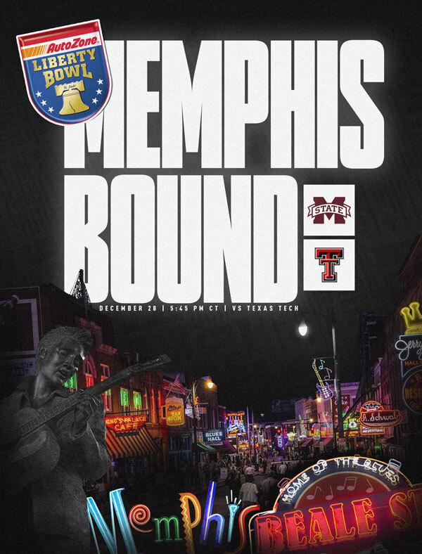 Graphic of Beale Street announcing MSU Football will play Texas Tech in the AutoZone Liberty Bowl in Memphis